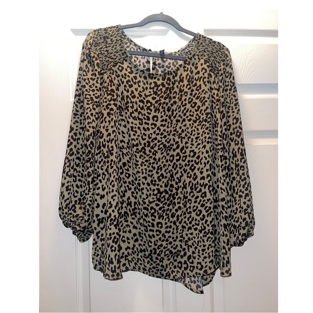 2X Olive Green Leopard Long Sleeve Blouse